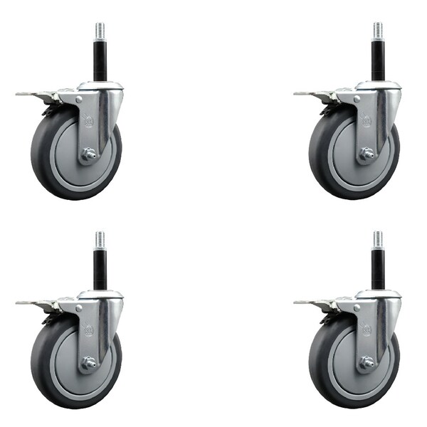 5'' SS Thermoplastic Rubber Swivel 3/4'' Expanding Stem Caster Set Total Lock Brake, 4PK